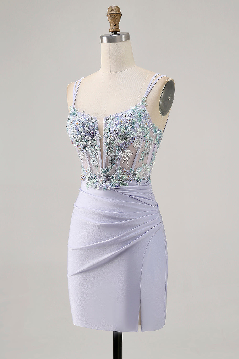 Lavender Satin Floral Corset Mini Homecoming Dress with Sequins