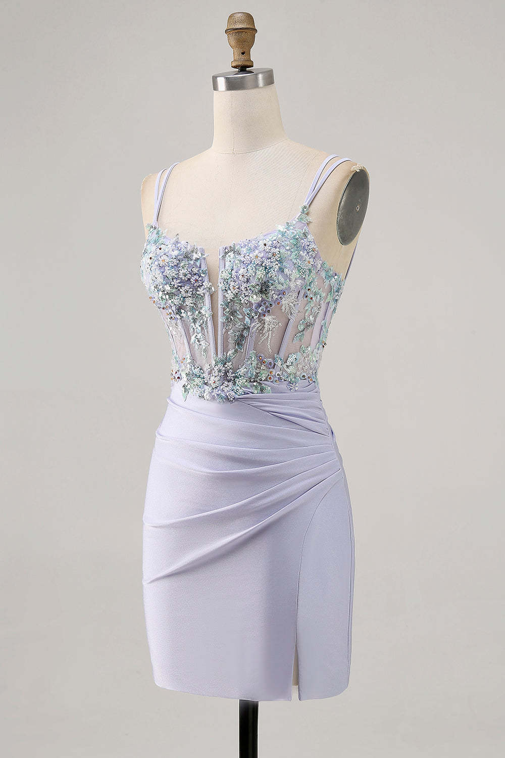 Lavender Satin Floral Corset Mini Homecoming Dress with Sequins