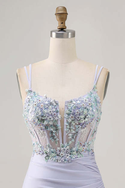 Lavender Satin Floral Corset Mini Homecoming Dress with Sequins
