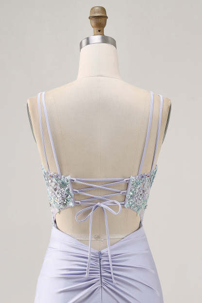 Lavender Satin Floral Corset Mini Homecoming Dress with Sequins