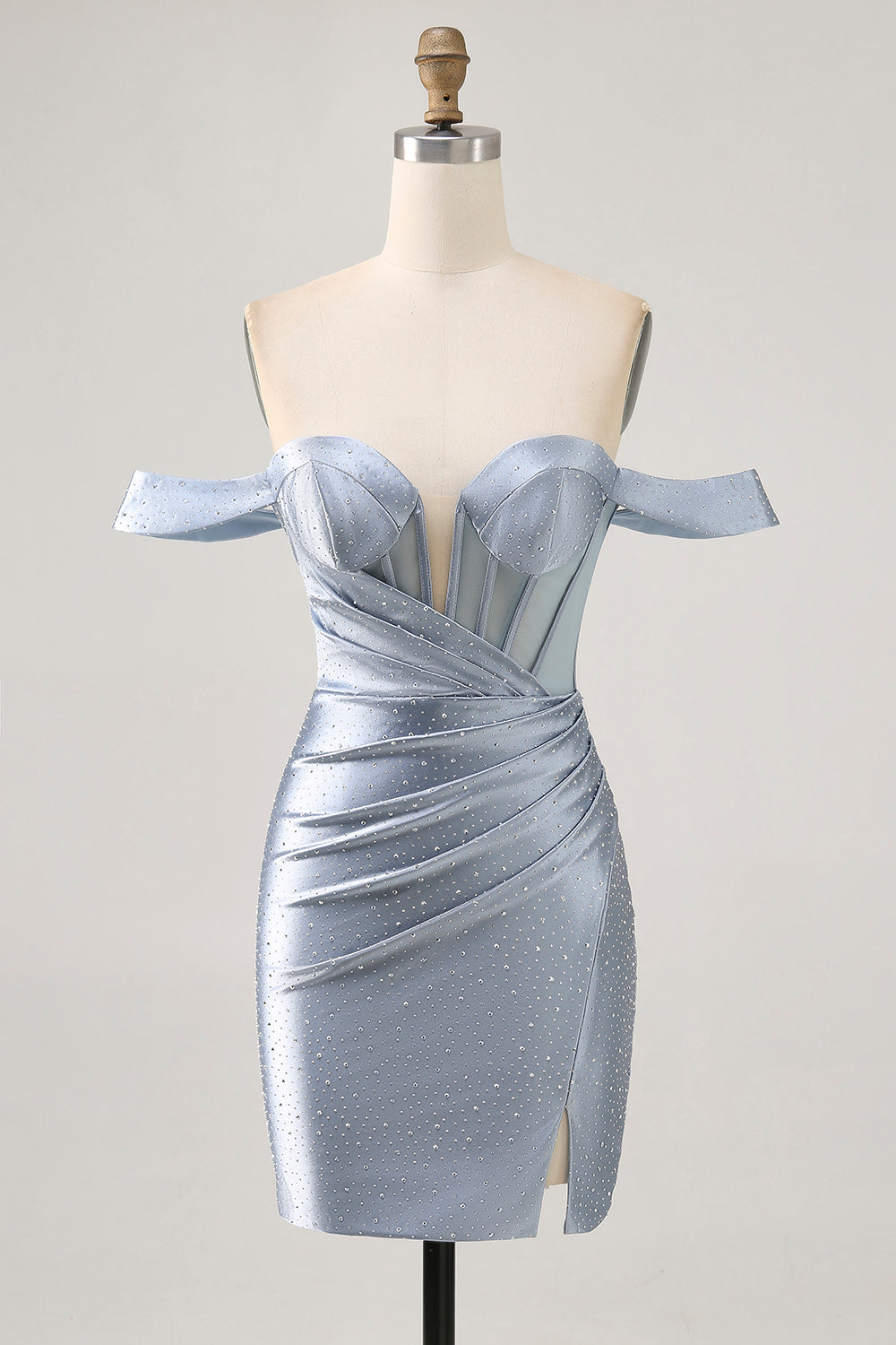 Leely Women Sparkly Dusty Blue Satin Mini Homecoming Dress with Beading Corset Tight Off the Shoulder Ruched Cocktail Dress