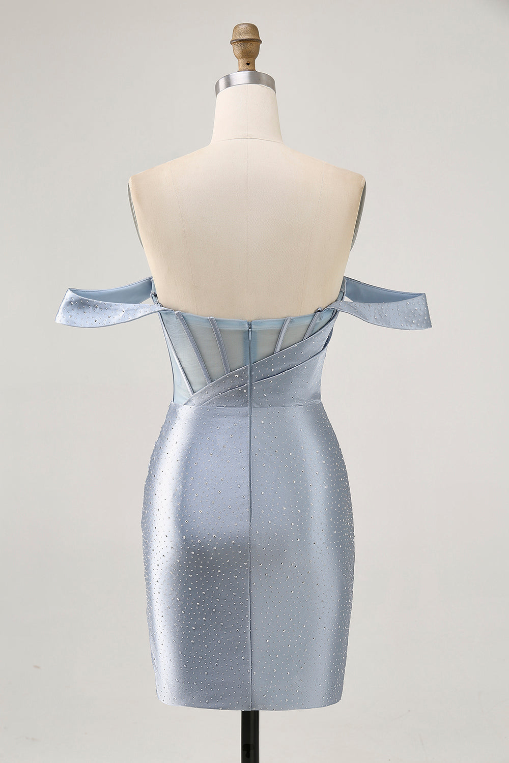 Sparkly Dusty Blue Satin Corset Tight Ruched Mini Homecoming Dress with Beading