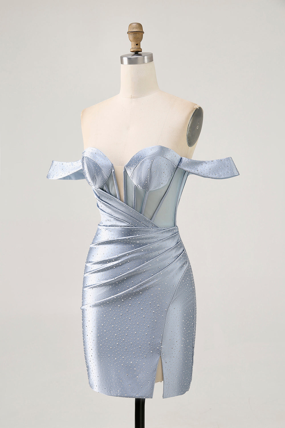 Sparkly Dusty Blue Satin Corset Tight Ruched Mini Homecoming Dress with Beading