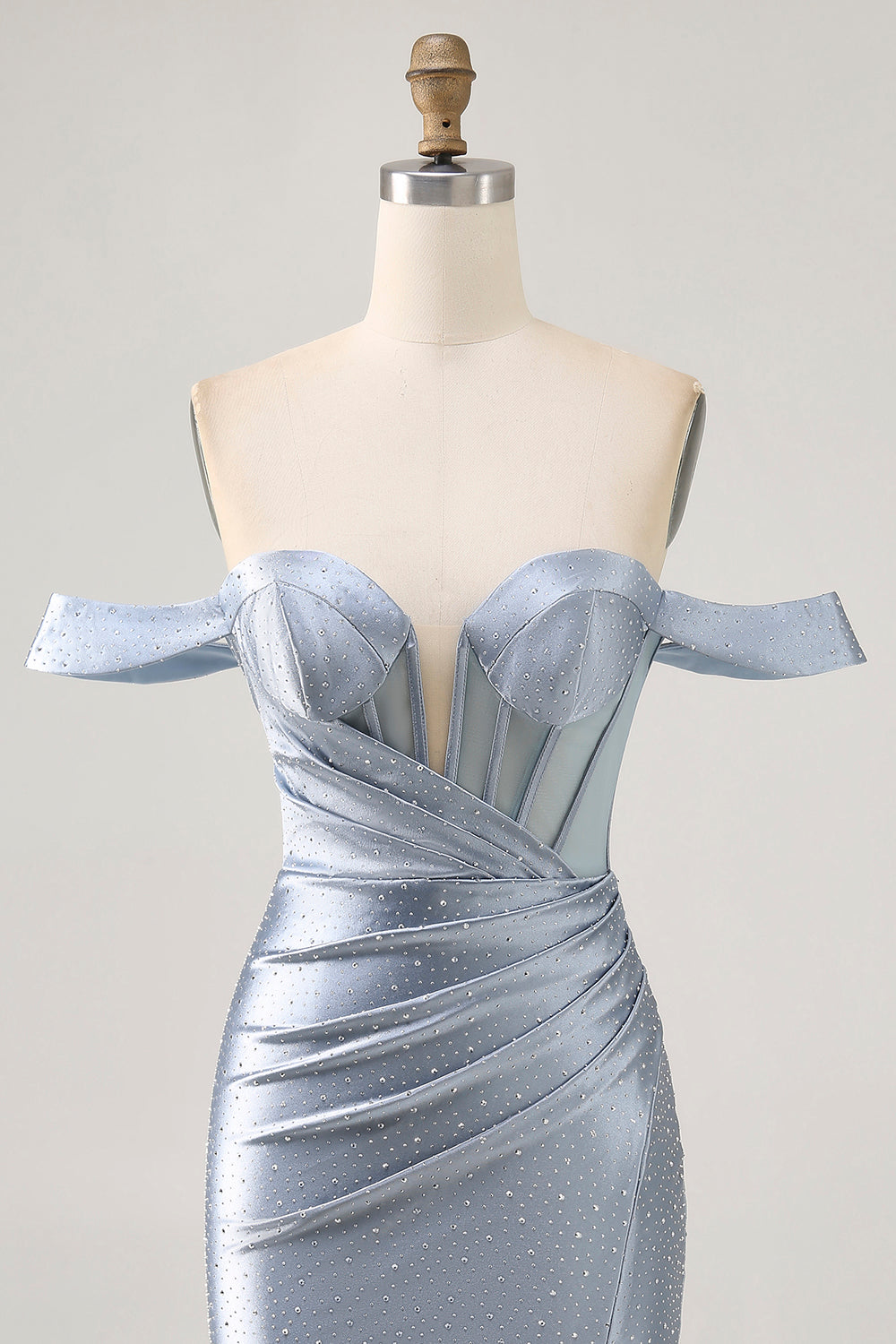 Sparkly Dusty Blue Satin Corset Tight Ruched Mini Homecoming Dress with Beading