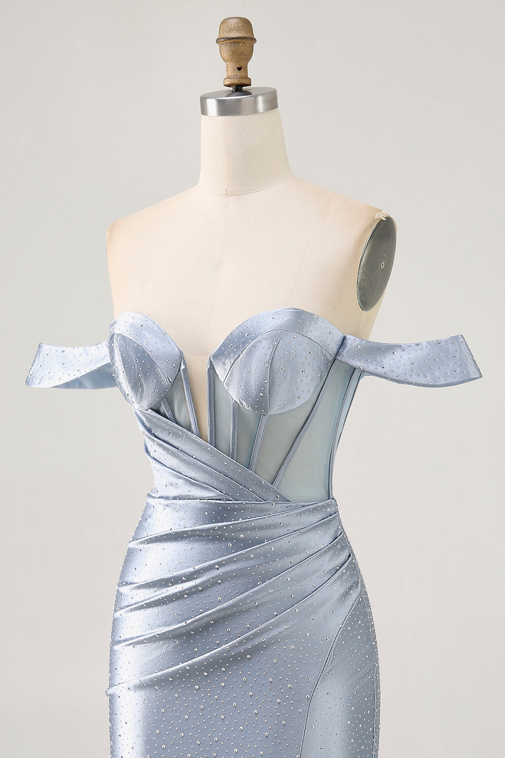 Sparkly Dusty Blue Satin Corset Tight Ruched Mini Homecoming Dress with Beading