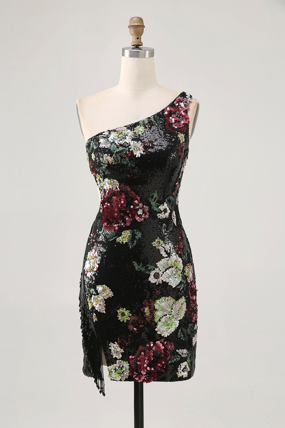 Sparkly Black Sequin Floral One Shoulder Mini Homecoming Dress with Fringes