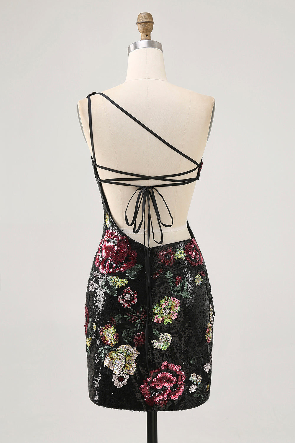 Sparkly Black Sequin Floral One Shoulder Mini Homecoming Dress with Fringes