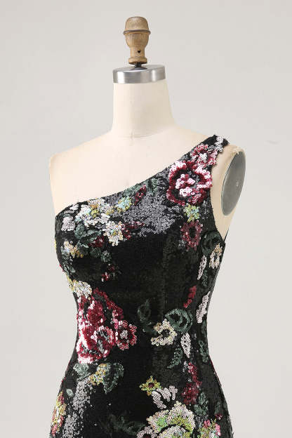 Sparkly Black Sequin Floral One Shoulder Mini Homecoming Dress with Fringes