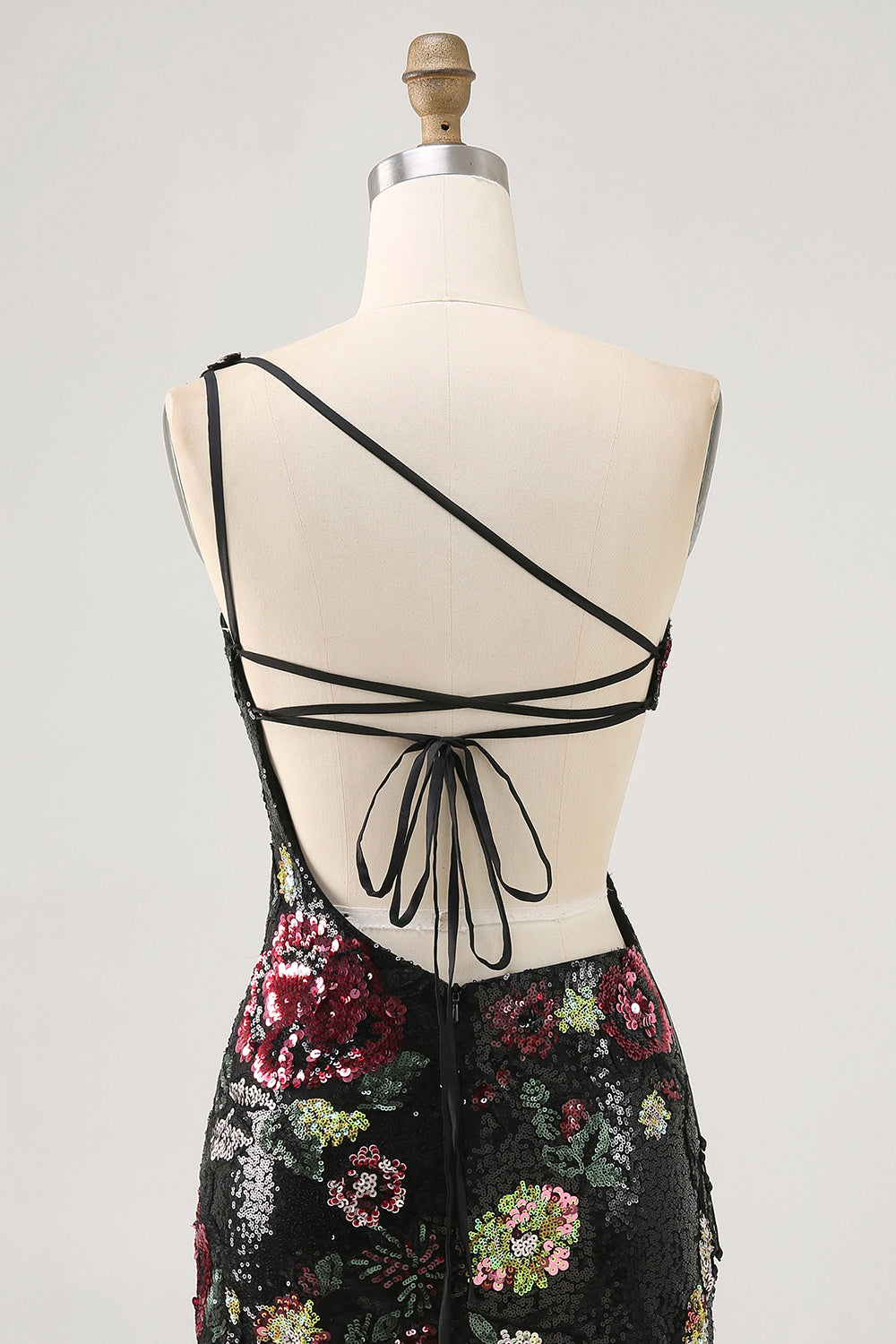 Sparkly Black Sequin Floral One Shoulder Mini Homecoming Dress with Fringes