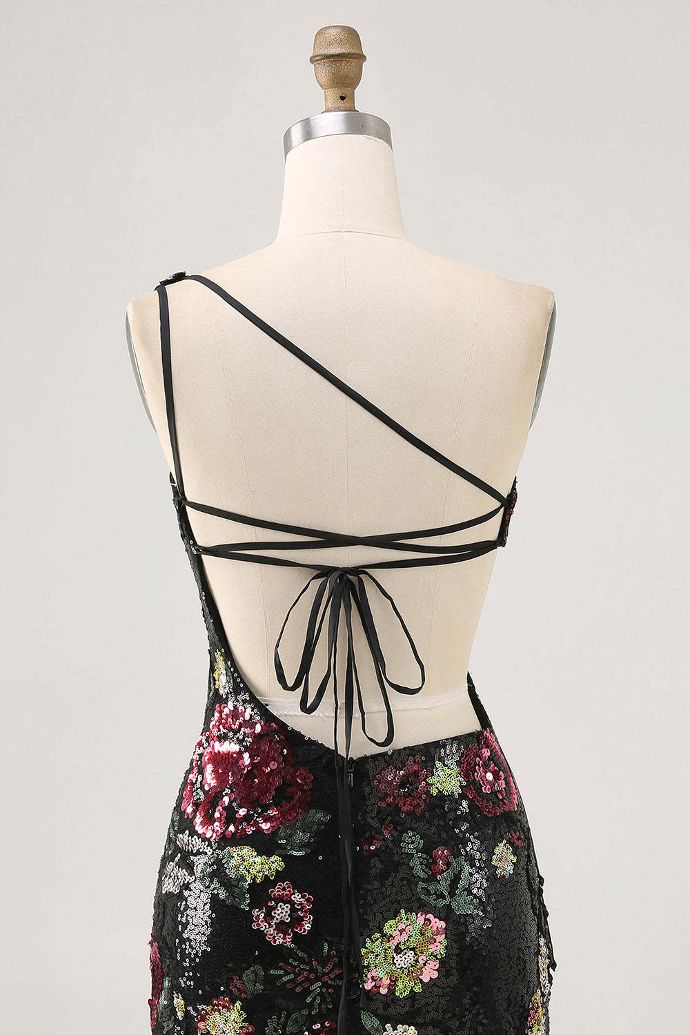 Sparkly Black Sequin Floral One Shoulder Mini Homecoming Dress with Fringes