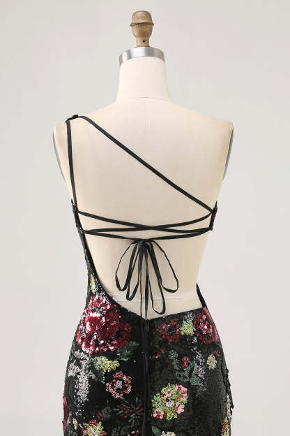 Sparkly Black Sequin Floral One Shoulder Mini Homecoming Dress with Fringes