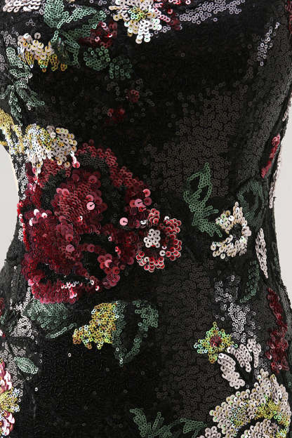 Sparkly Black Sequin Floral One Shoulder Mini Homecoming Dress with Fringes