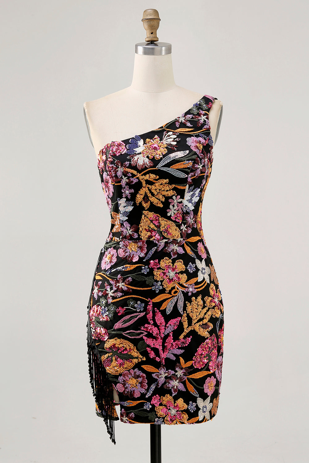 Leely Women Sparkly Black Floral Mini Homecoming Dress with Embroidery Sequin Bodycon One Shoulder Cocktail Dress with Fringes