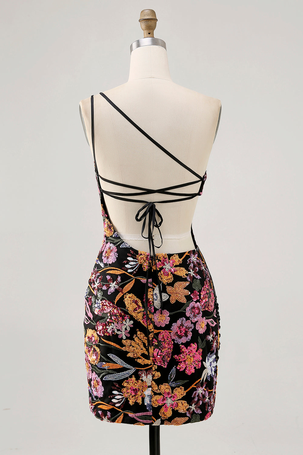 Sparkly Black Sequin Floral Mini Tight Homecoming Dress with Embroidery
