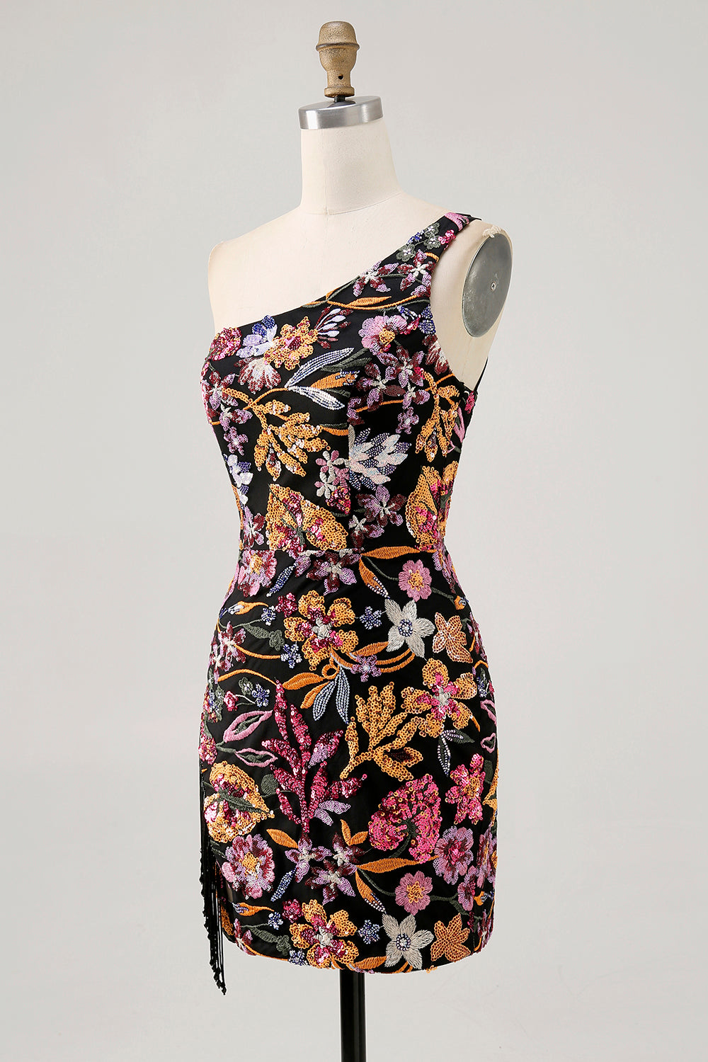 Sparkly Black Sequin Floral Mini Tight Homecoming Dress with Embroidery