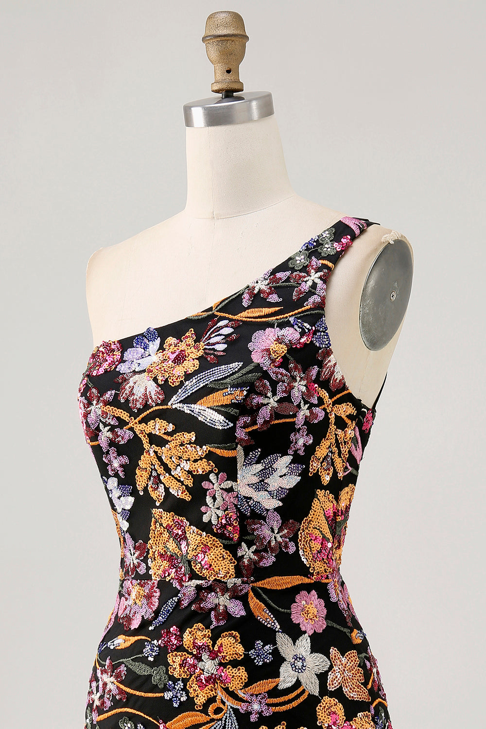 Sparkly Black Sequin Floral Mini Tight Homecoming Dress with Embroidery