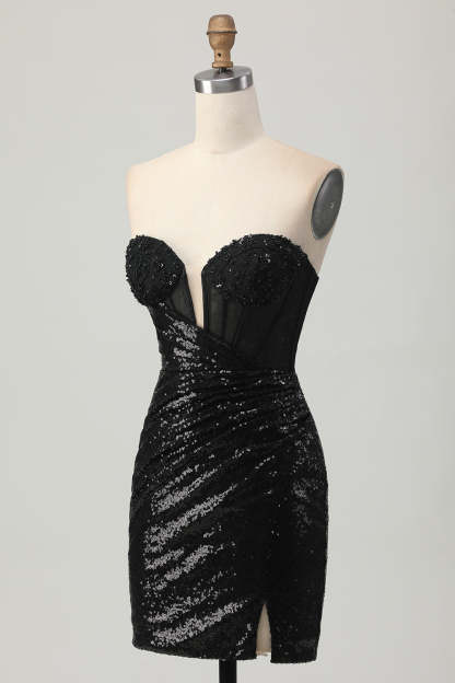 Sparkly Black Sequins Sweetheart Backless Tight Short Homecoming Dress