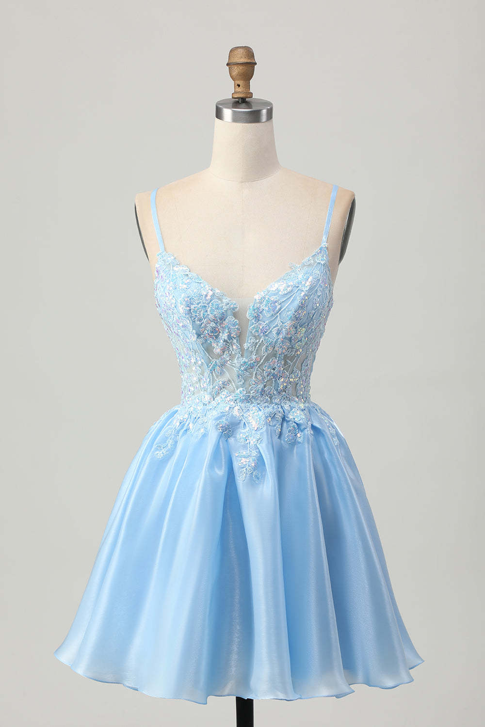 Leely Women Sparkly Blue Corset Floral Homecoming Dress with Sequins A Line Spaghetti Straps Lace-Up Back Short Cocktail Dress with Applique