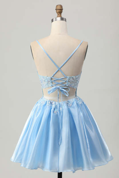 Sparkly Blue Corset A Line Appliqued Short Homecoming Dress with Sequins