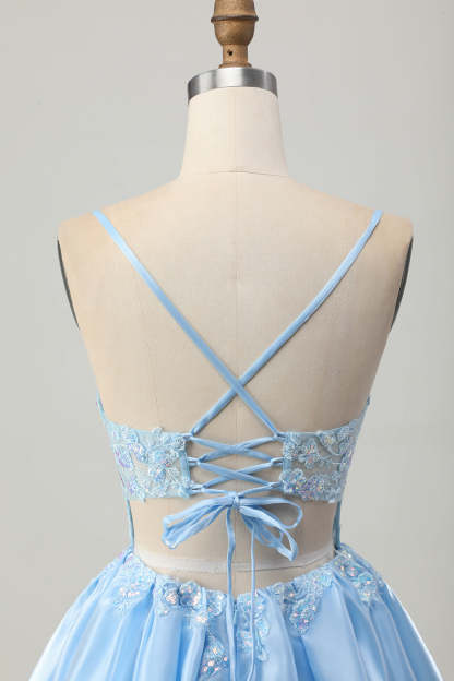 Sparkly Blue Corset A Line Appliqued Short Homecoming Dress with Sequins