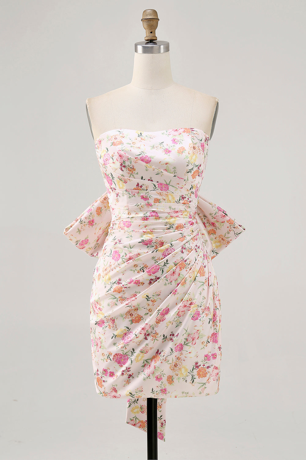 Pink Floral Strapless Ruched Tight Short Homecoming Dress with Bow