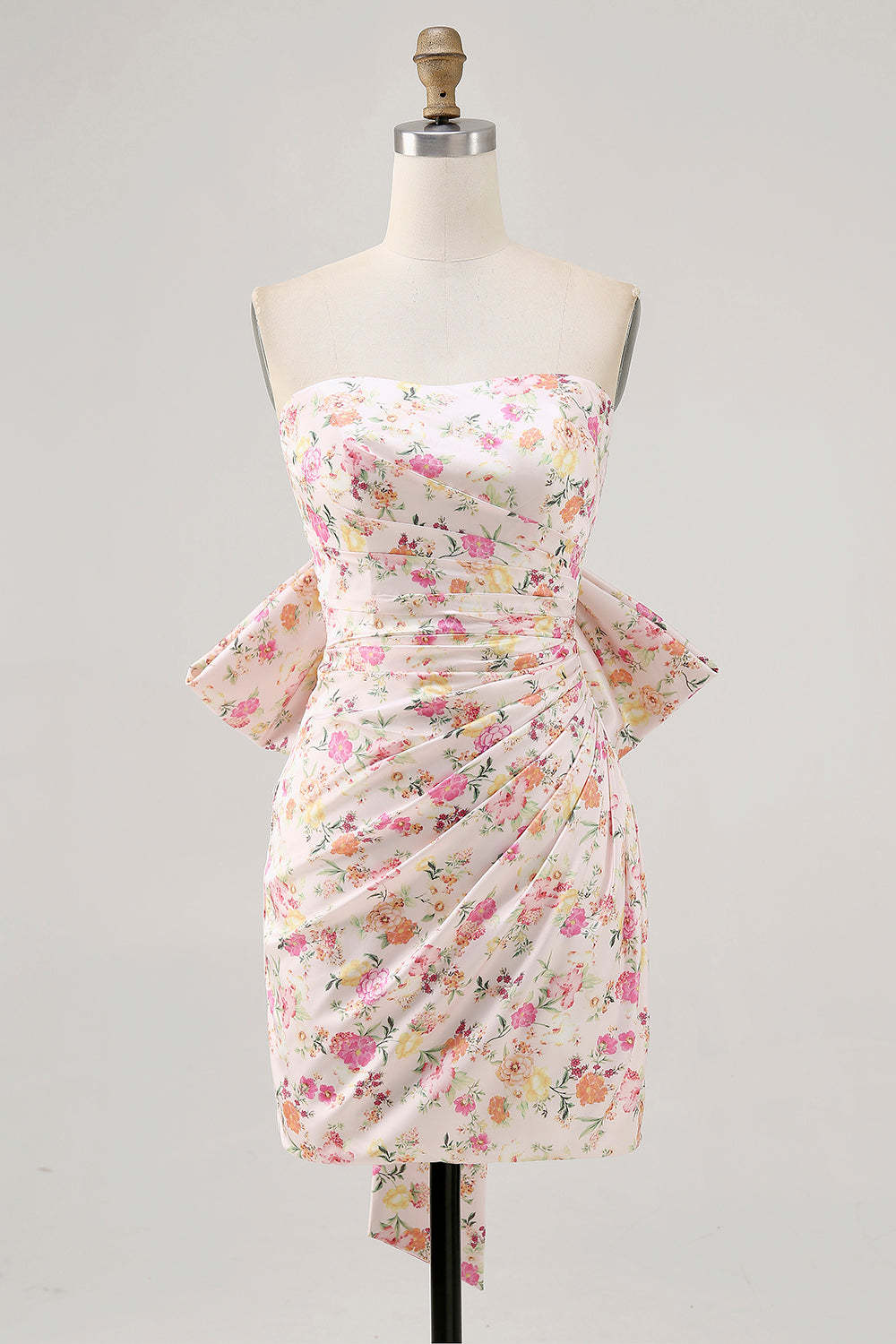 Leely Women Pink Floral Mini Homecoming Dress with Bow Strapless Ruched Satin Bodycon Party Dress