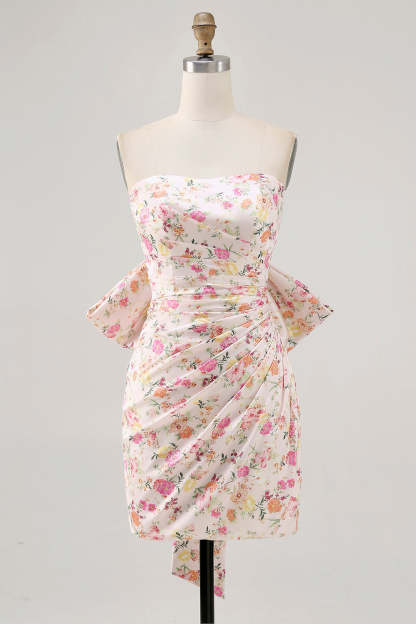 Leely Women Pink Floral Mini Homecoming Dress with Bow Strapless Ruched Satin Bodycon Party Dress