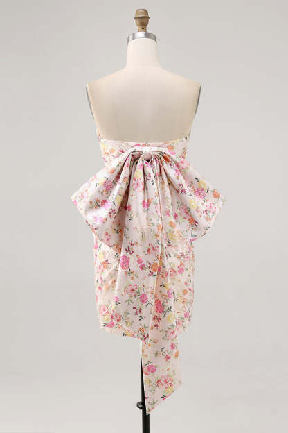 Pink Floral Strapless Ruched Tight Short Homecoming Dress with Bow