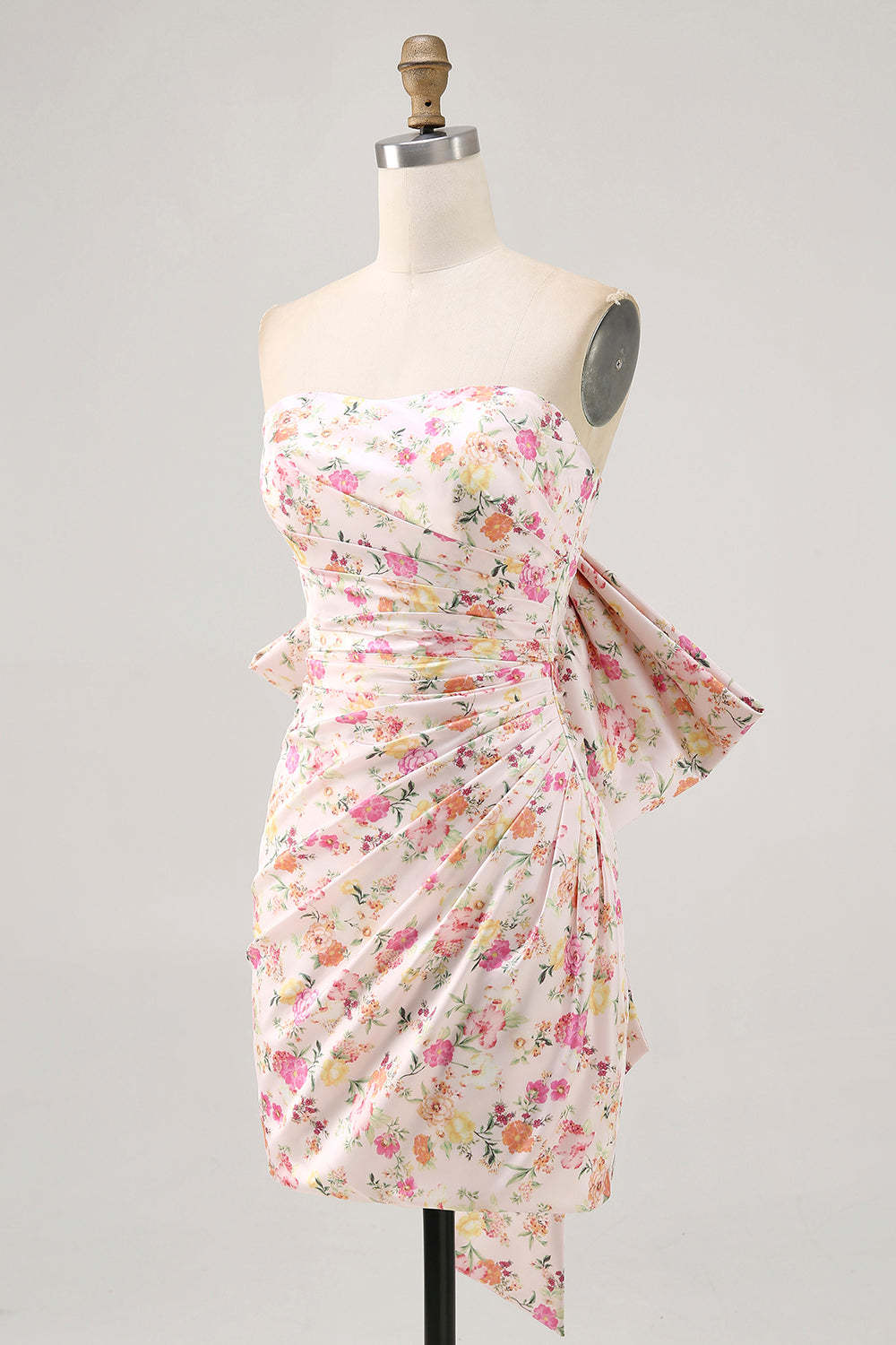 Pink Floral Strapless Ruched Tight Short Homecoming Dress with Bow