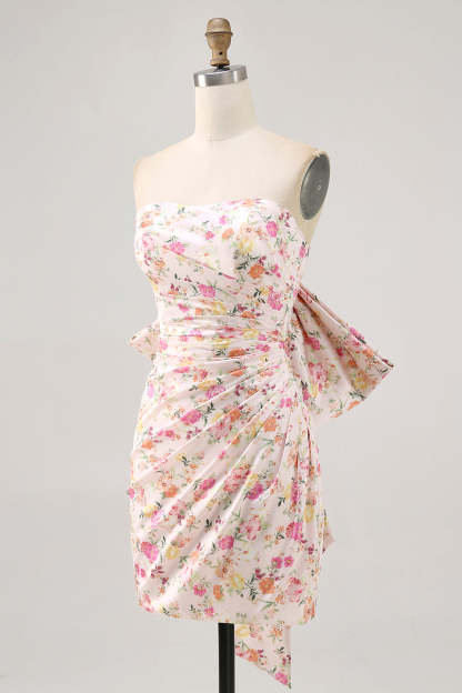 Pink Floral Strapless Ruched Tight Short Homecoming Dress with Bow
