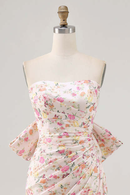 Pink Floral Strapless Ruched Tight Short Homecoming Dress with Bow