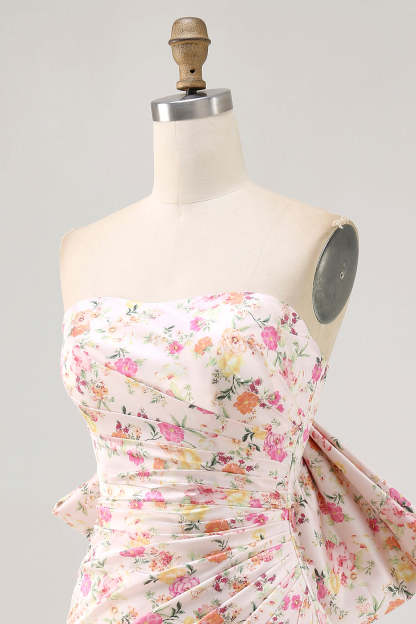 Pink Floral Strapless Ruched Tight Short Homecoming Dress with Bow