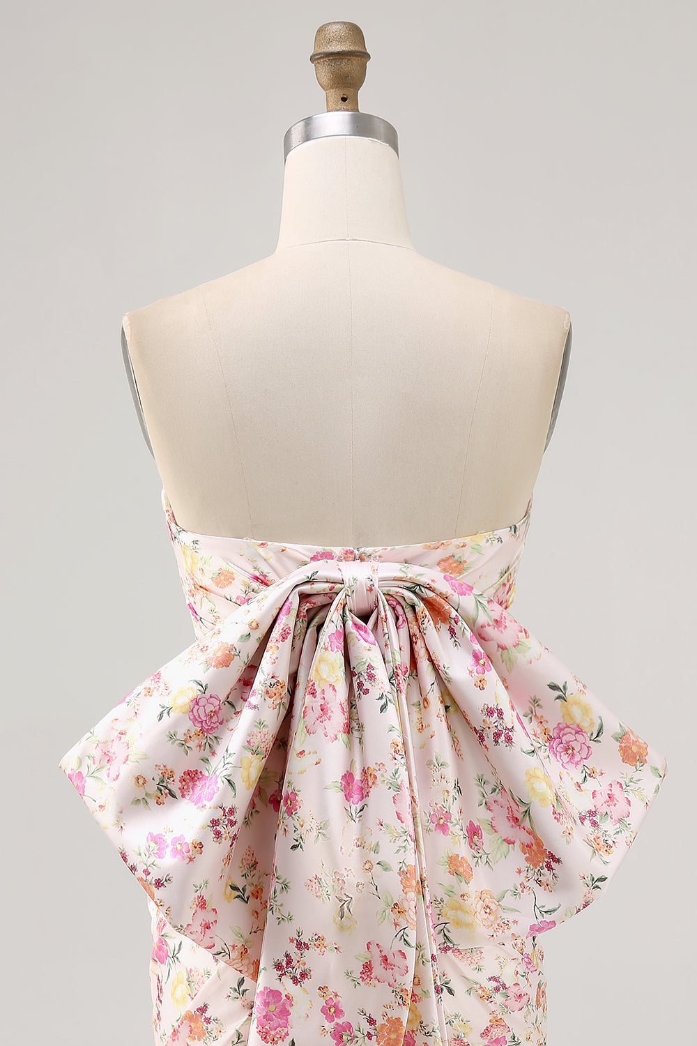 Pink Floral Strapless Ruched Tight Short Homecoming Dress with Bow