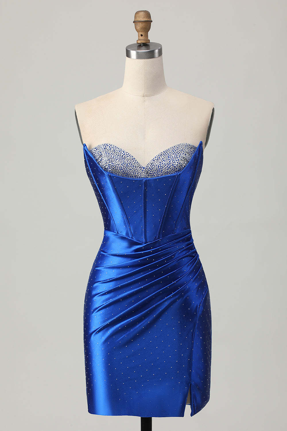 Leely Women Sparkly Royal Blue Short Corset Homecoming Dress with Beading Sweetheart Satin Ruched Tight Cocktail Dress with Slit