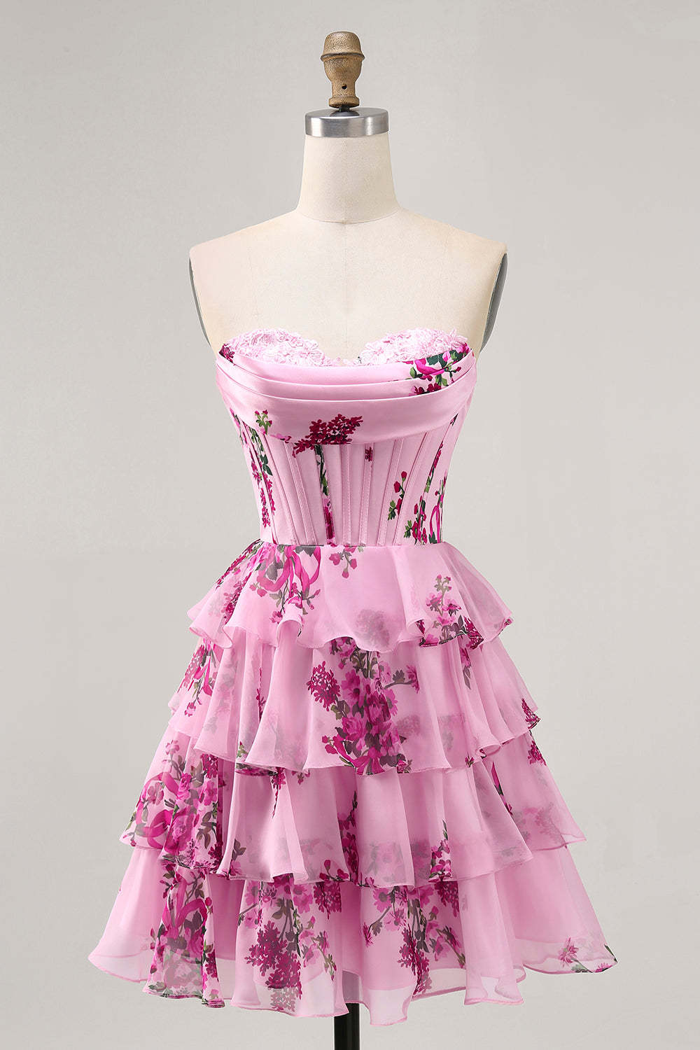 Leely Women Pink Floral Short Corset Homecoming Dress with Ruffles Tiered Sweetheart Ruched A Line Lace Up Back Cocktail Dress