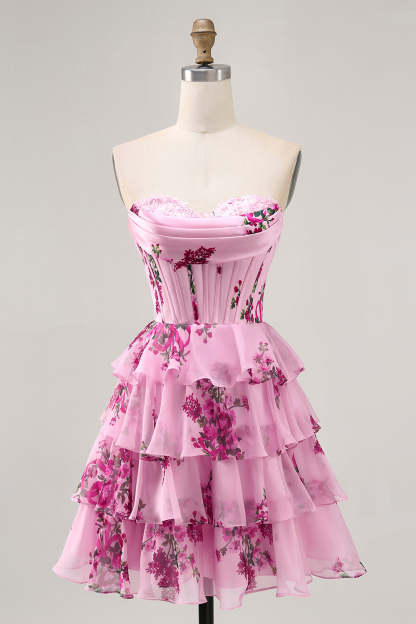 Leely Women Pink Floral Short Corset Homecoming Dress with Ruffles Tiered Sweetheart Ruched A Line Lace Up Back Cocktail Dress
