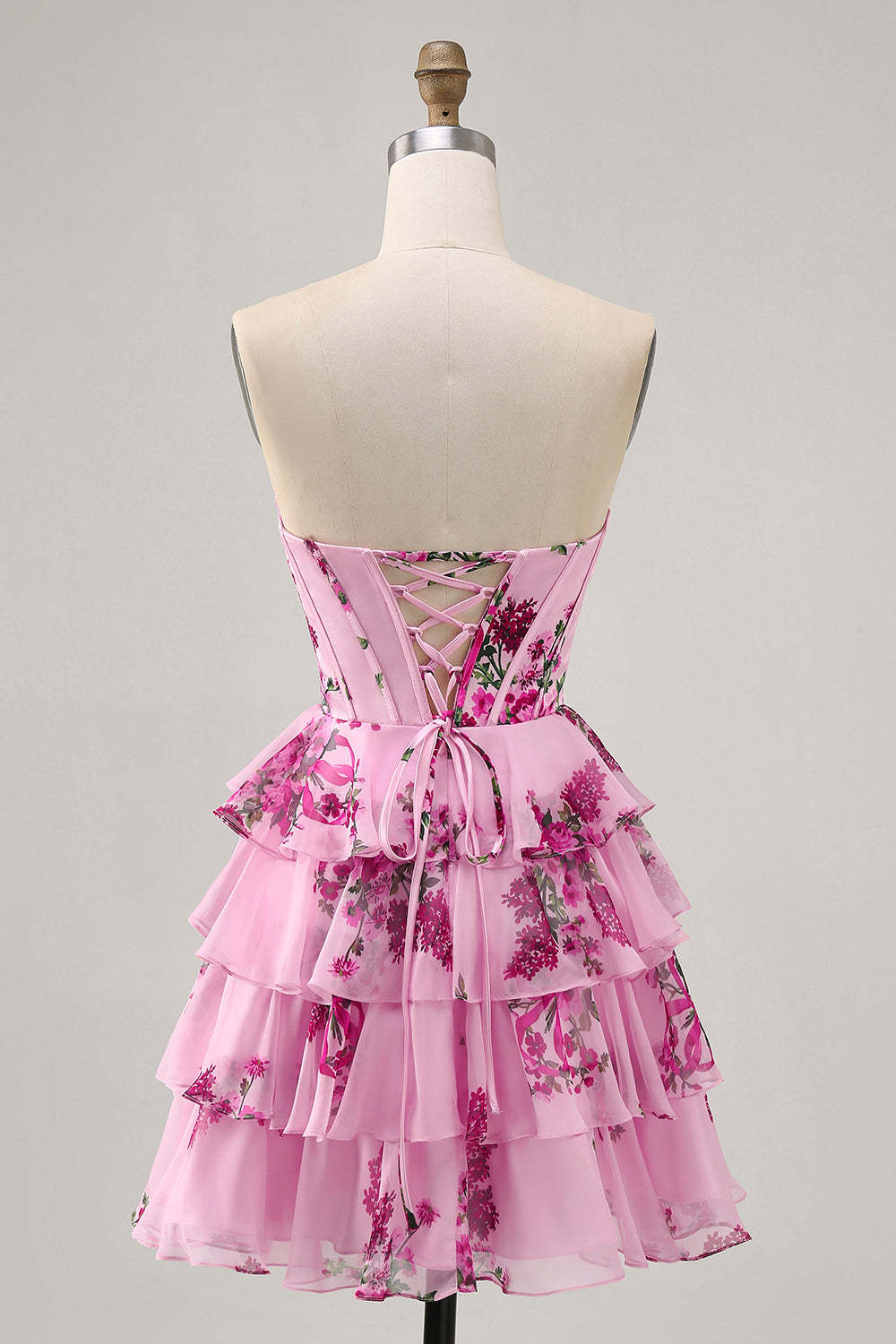 Pink Floral Sweetheart Short Tiered Corset Homecoming Dress with Ruffles