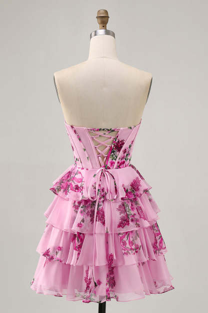 Pink Floral Sweetheart Short Tiered Corset Homecoming Dress with Ruffles