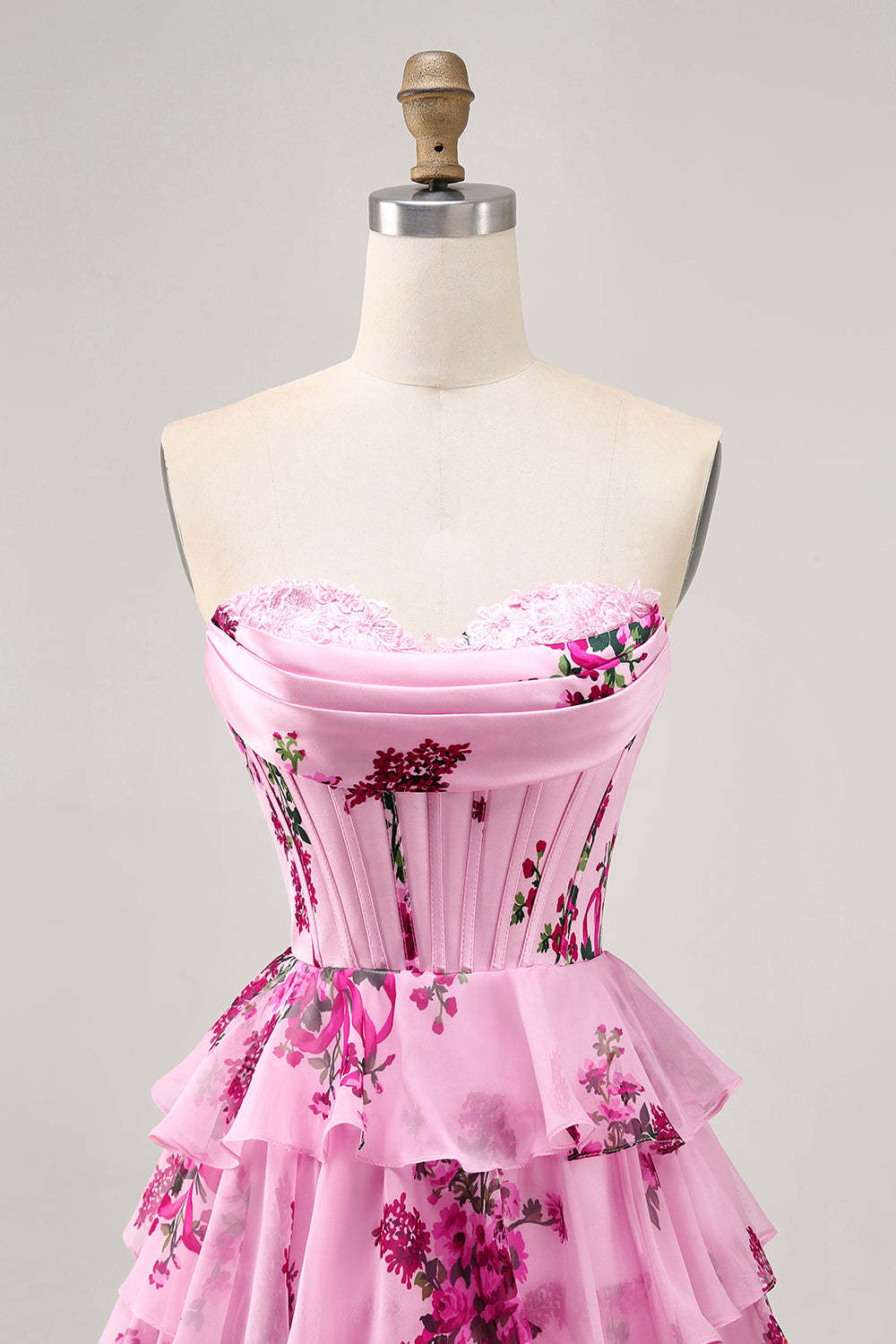 Pink Floral Sweetheart Short Tiered Corset Homecoming Dress with Ruffles
