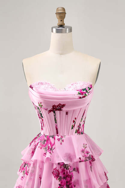Pink Floral Sweetheart Short Tiered Corset Homecoming Dress with Ruffles