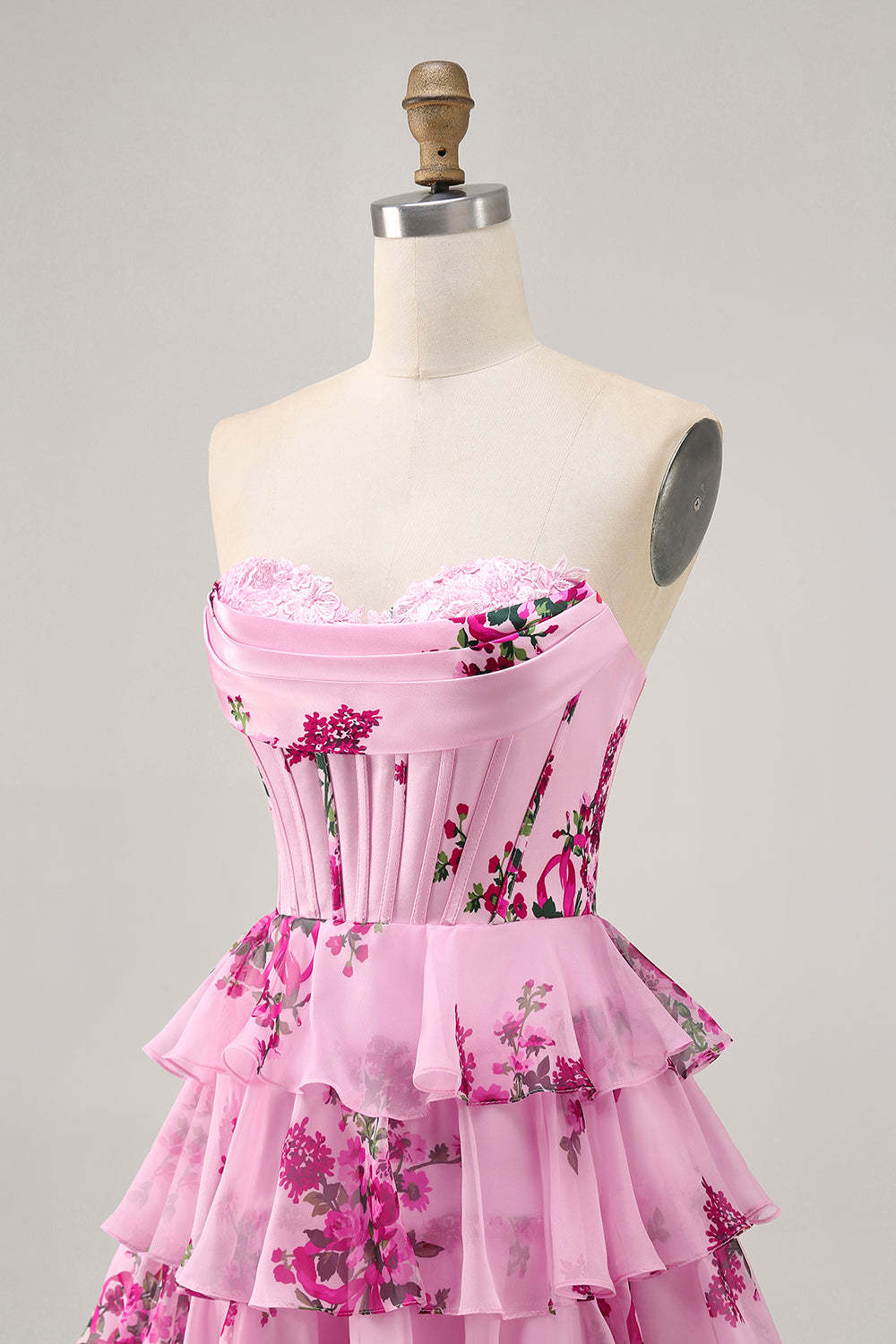 Pink Floral Sweetheart Short Tiered Corset Homecoming Dress with Ruffles