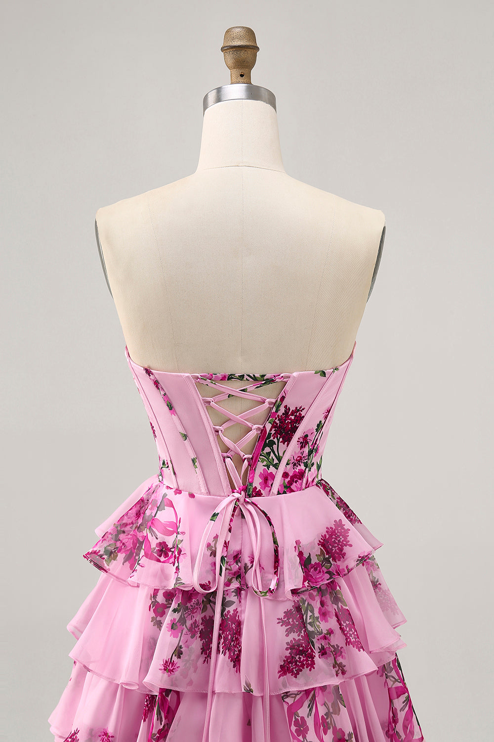 Pink Floral Sweetheart Short Tiered Corset Homecoming Dress with Ruffles