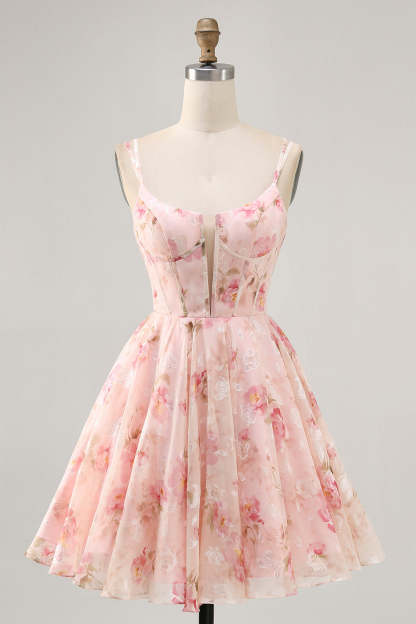 Leely Women Blush Floral Short Corset Homecoming Dress A Line Chiffon Spaghetti Straps Lace Up Back Birthday Dress