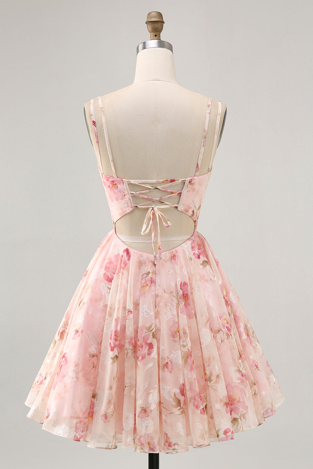 Blush Floral A Line Chiffon Short Corset Homecoming Dress with Lace up Back