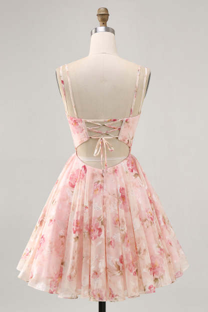 Blush Floral A Line Chiffon Short Corset Homecoming Dress with Lace up Back