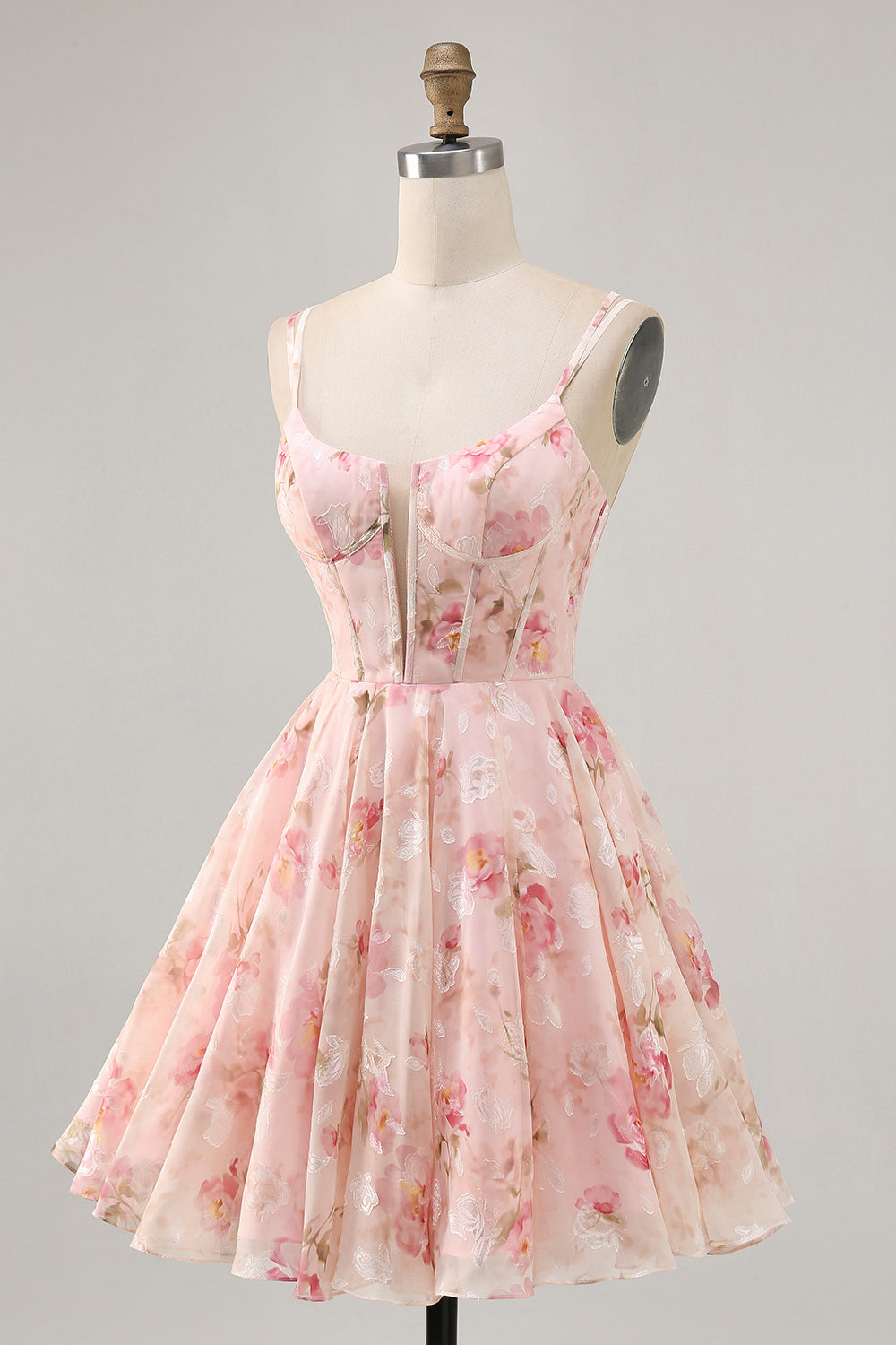 Blush Floral A Line Chiffon Short Corset Homecoming Dress with Lace up Back