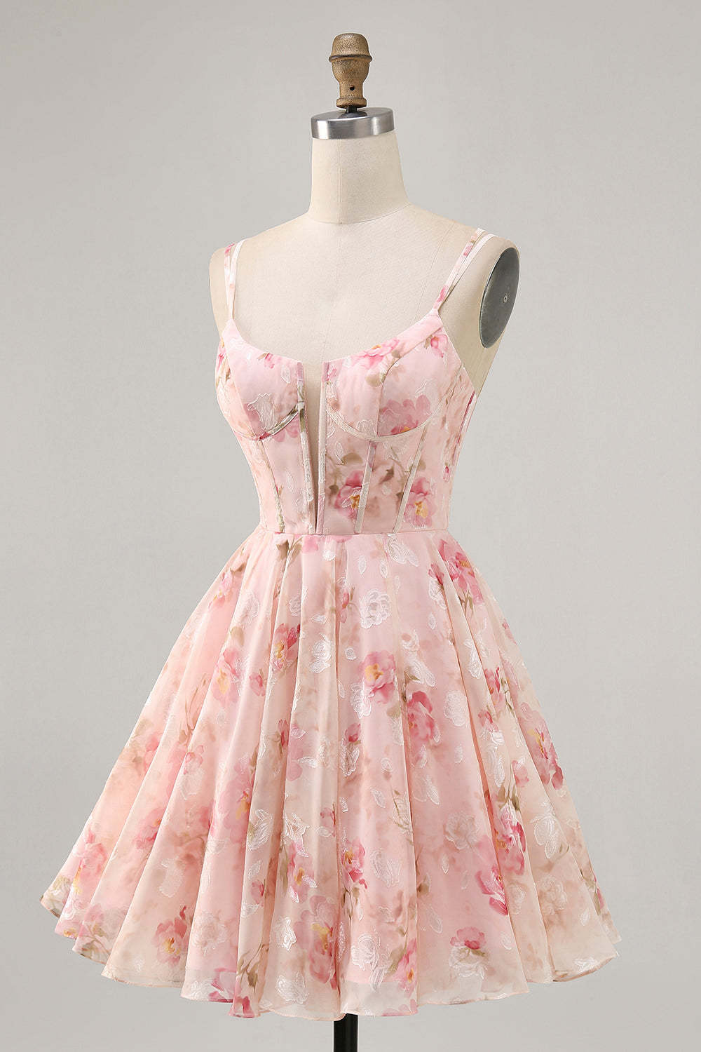 Blush Floral A Line Chiffon Short Corset Homecoming Dress with Lace up Back