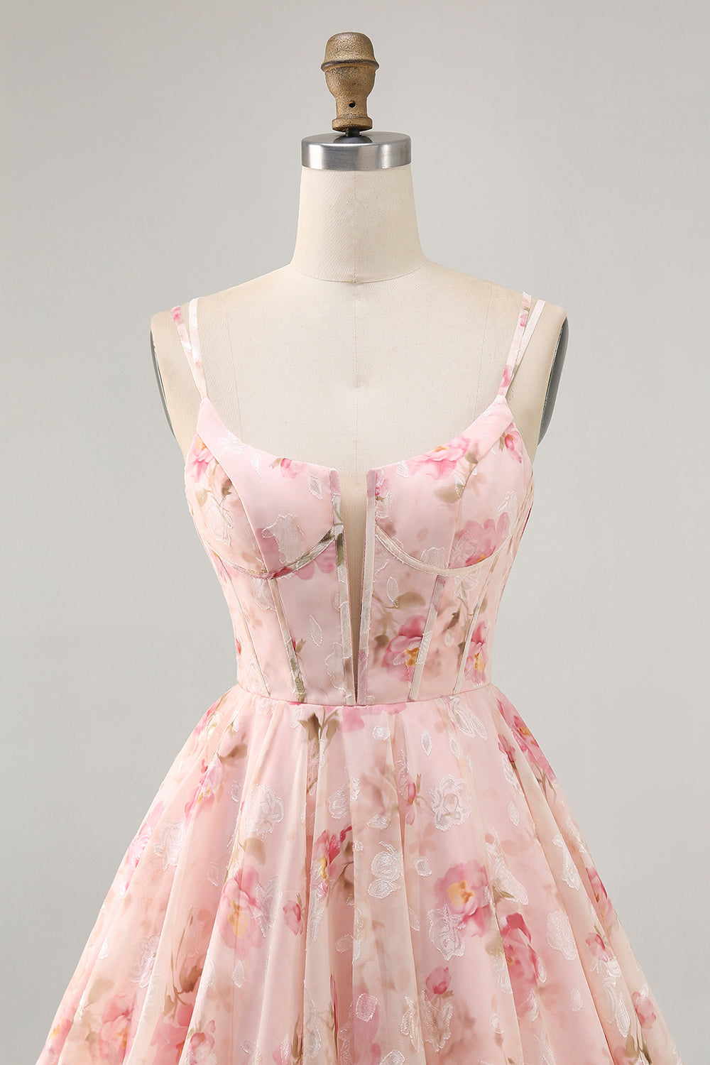 Blush Floral A Line Chiffon Short Corset Homecoming Dress with Lace up Back