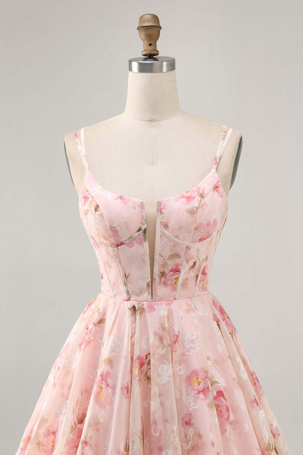 Blush Floral A Line Chiffon Short Corset Homecoming Dress with Lace up Back