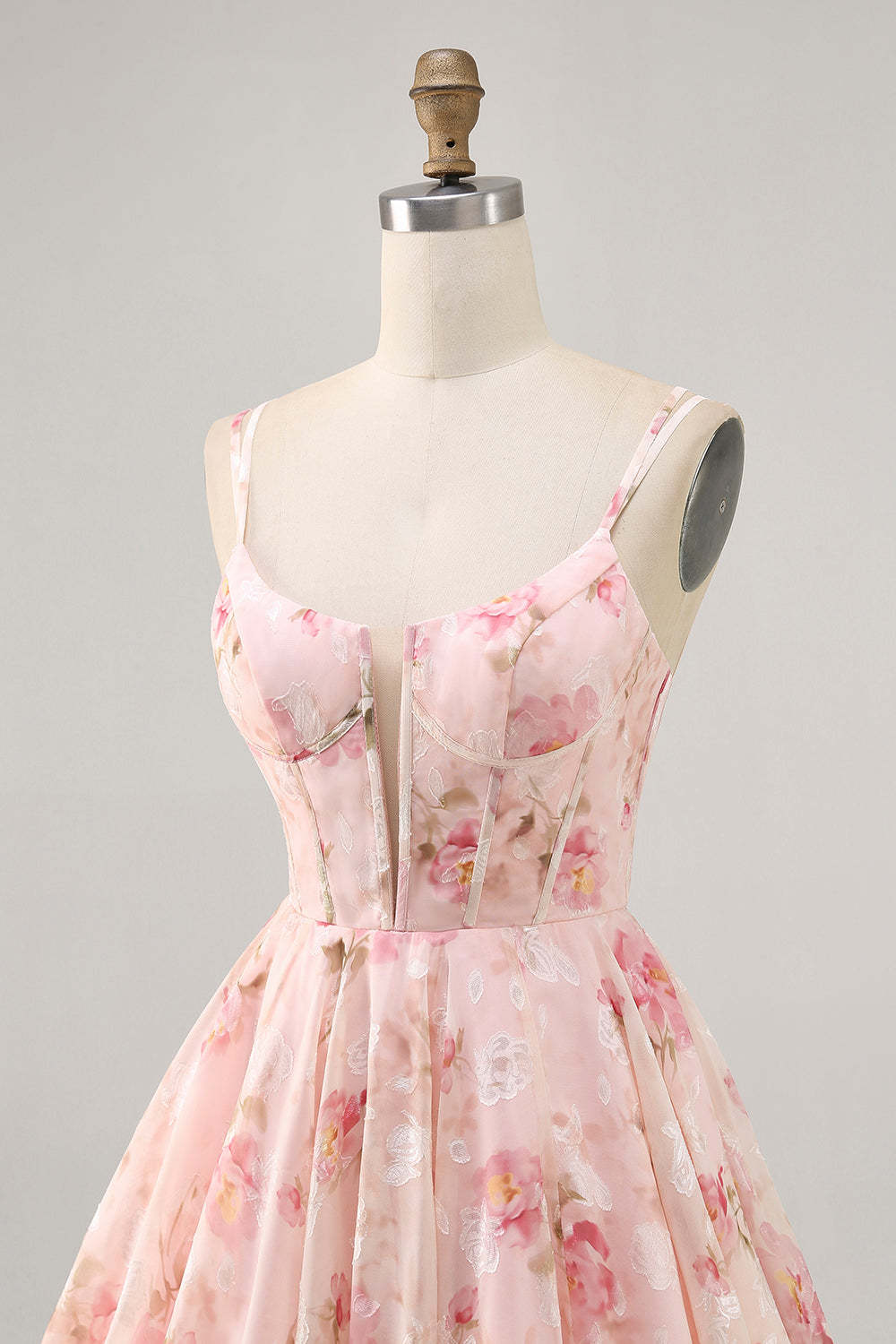 Blush Floral A Line Chiffon Short Corset Homecoming Dress with Lace up Back